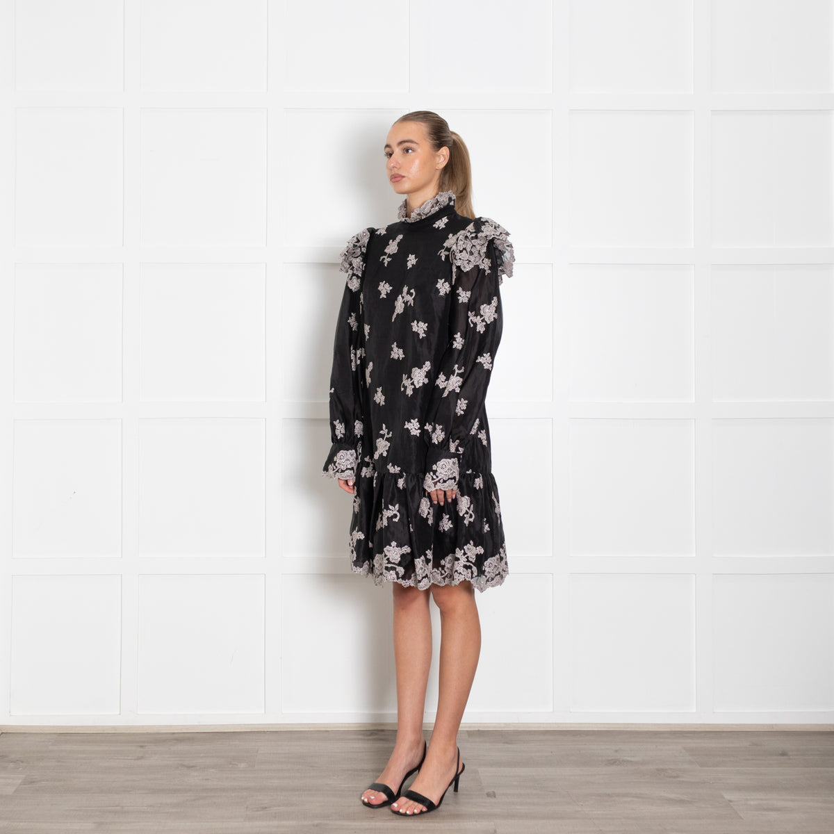 Erdem Nella Black Organza Dress With Silver Embroidery