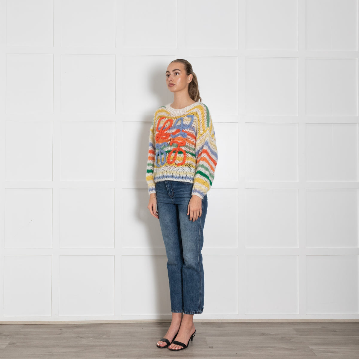 Loewe Cream Yellow Orange Blue Stripe Mohair Wool Blend Oversized Jumper