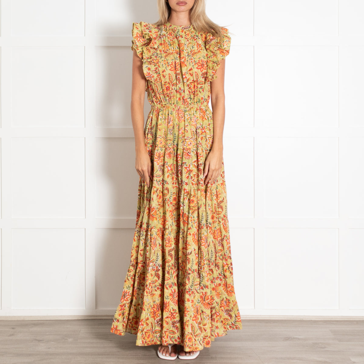 Aspiga Green Rose Frill Maxi Dress With Ruffled Sleeves