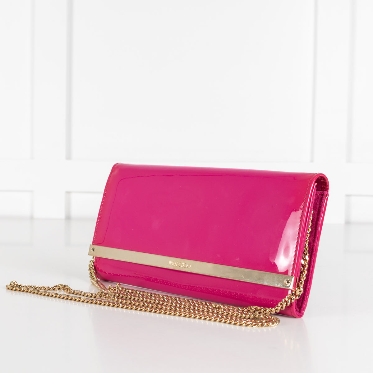 Jimmy Choo Bright Pink Milla Patent Leather Gold Chain Clutch Bag