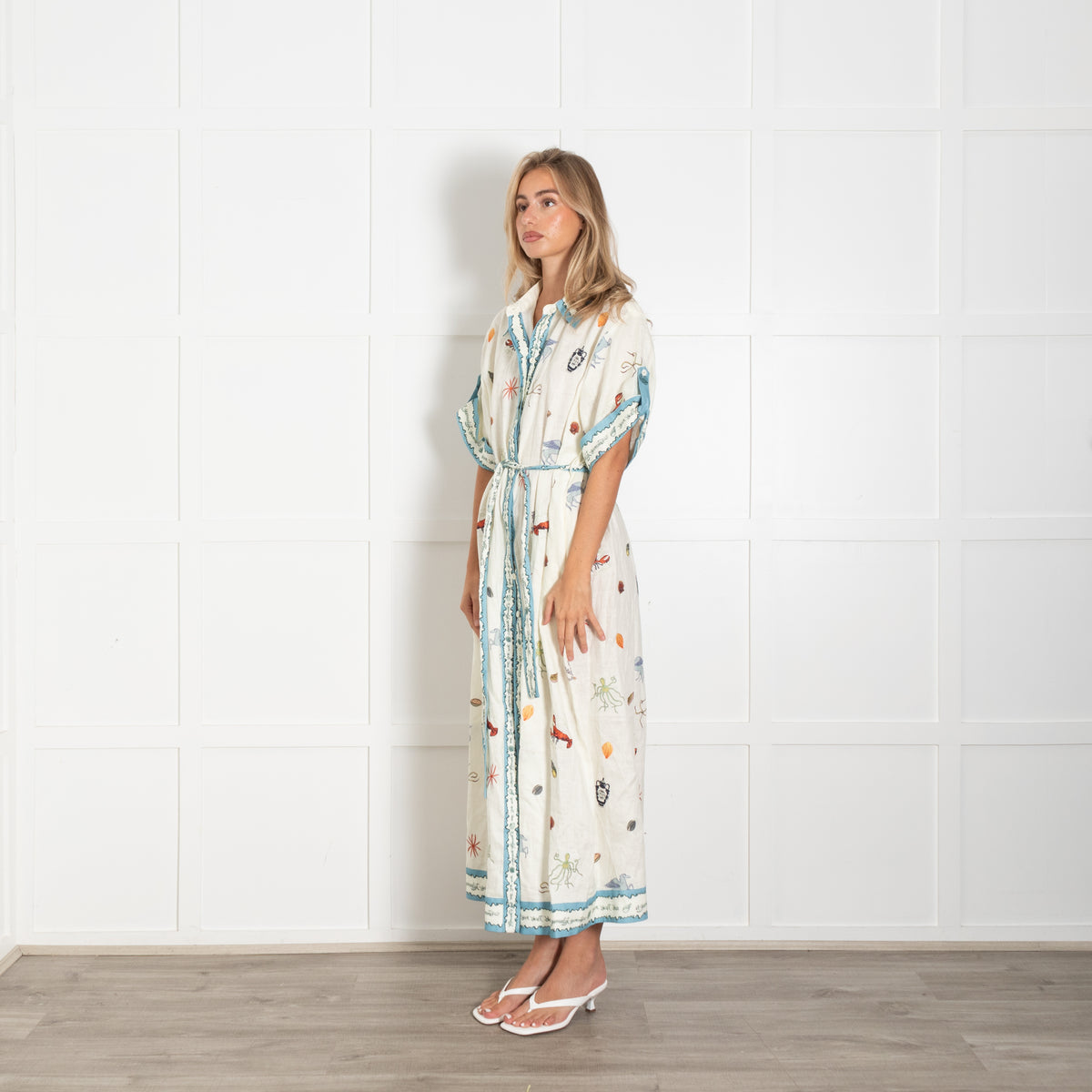 Alemais Under The Sea Linen Belted Shirt Dress
