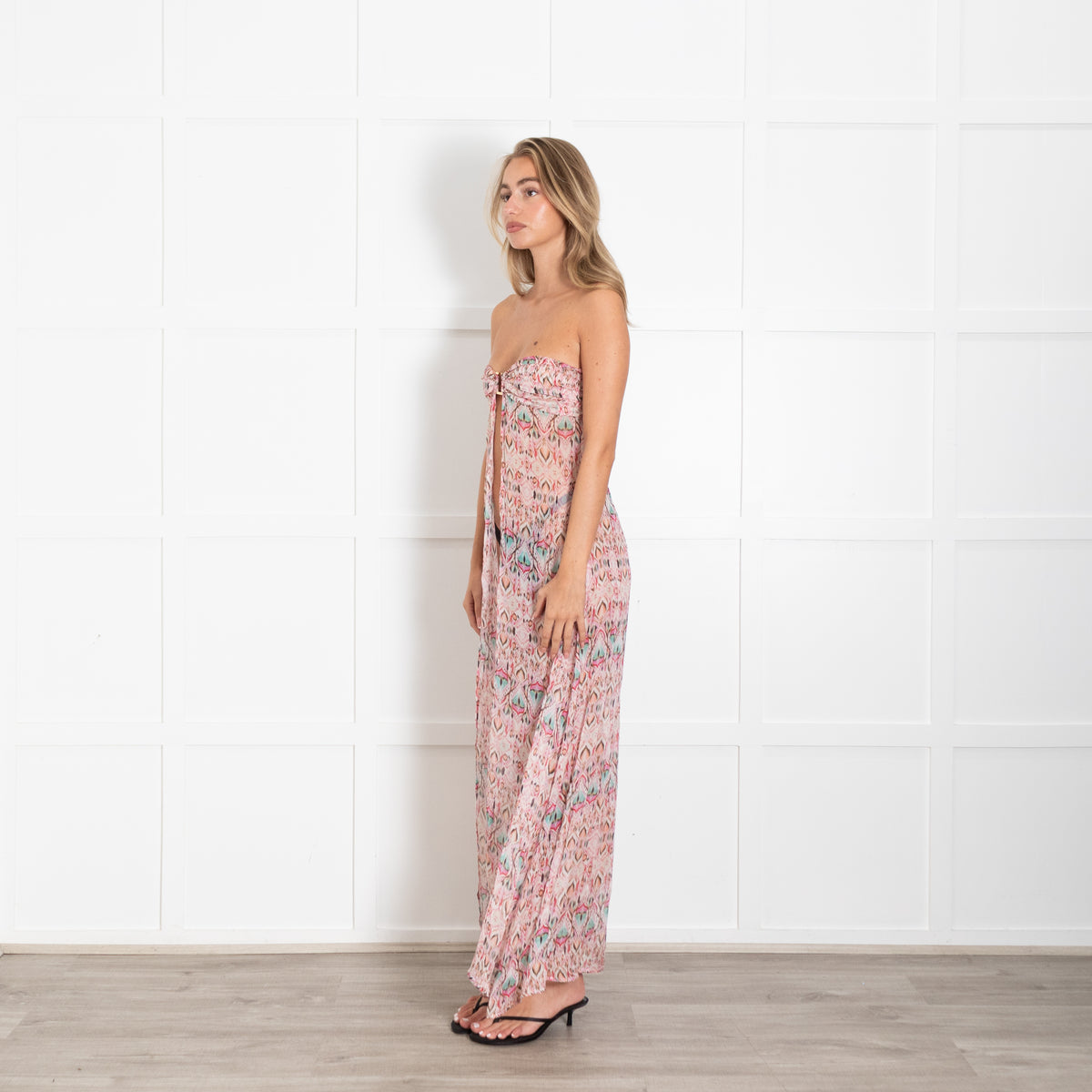 Melissa Odabash Pink & Blue Peacock Feather Print Bandau Maxi Dress with Gold Buckle