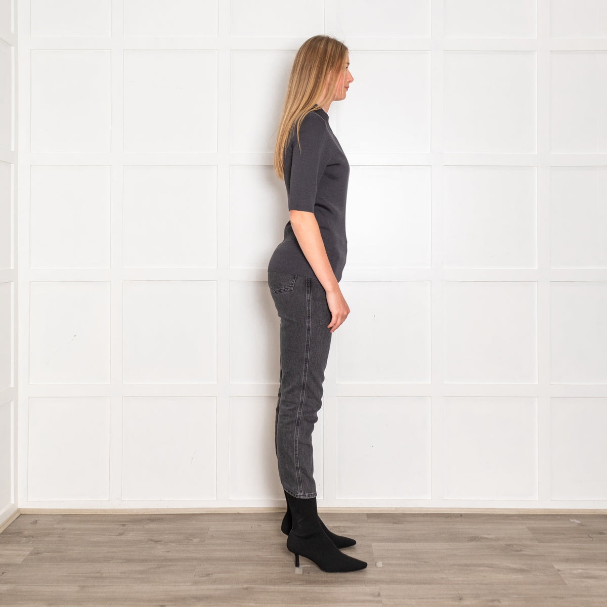 St John Grey Ribbed Short Sleeve Top