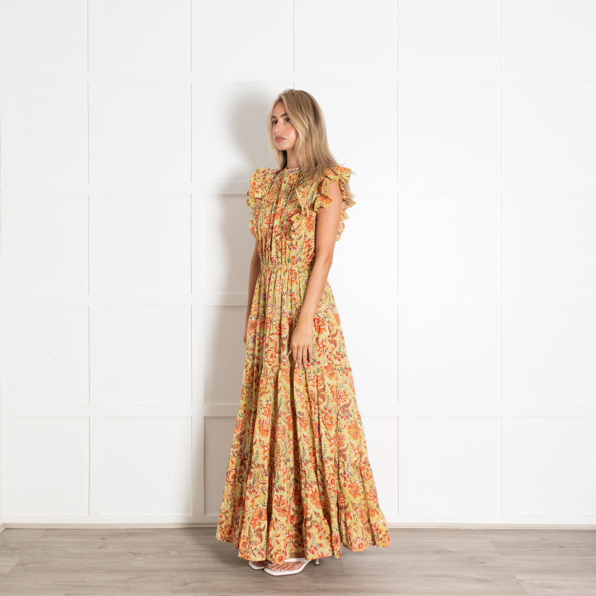 Aspiga Green Rose Frill Maxi Dress With Ruffled Sleeves