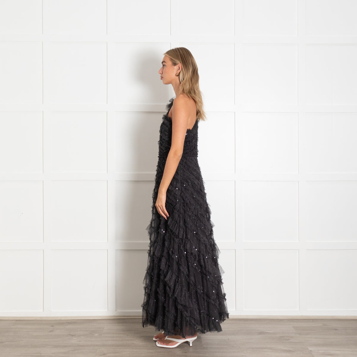 Needle & Thread Black On Black Sequin Frill Detail Off Shoulder Dress