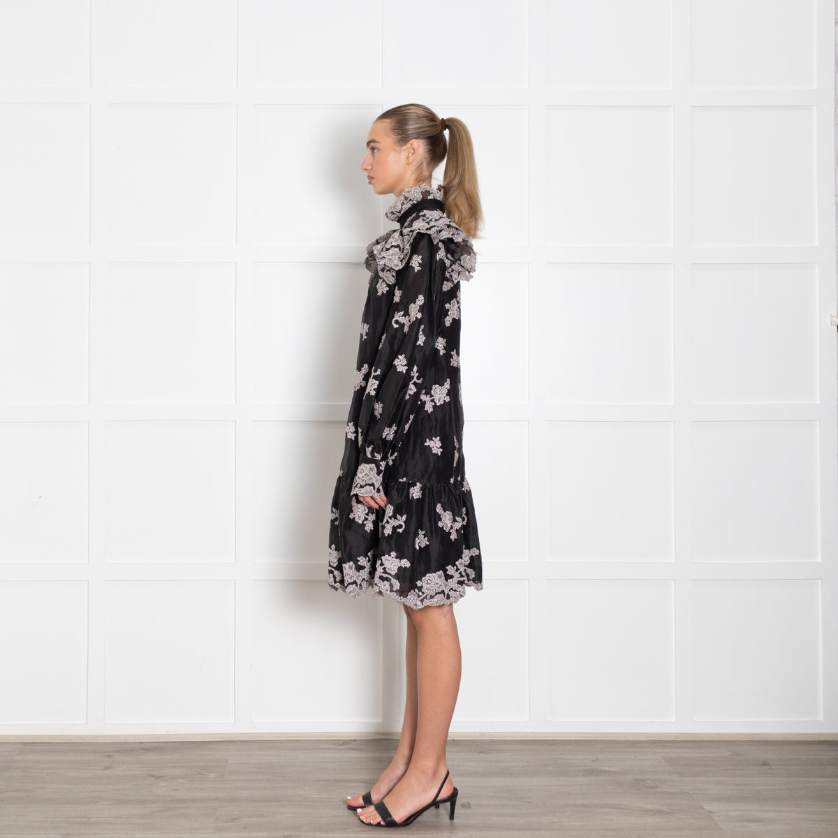 Erdem Nella Black Organza Dress With Silver Embroidery