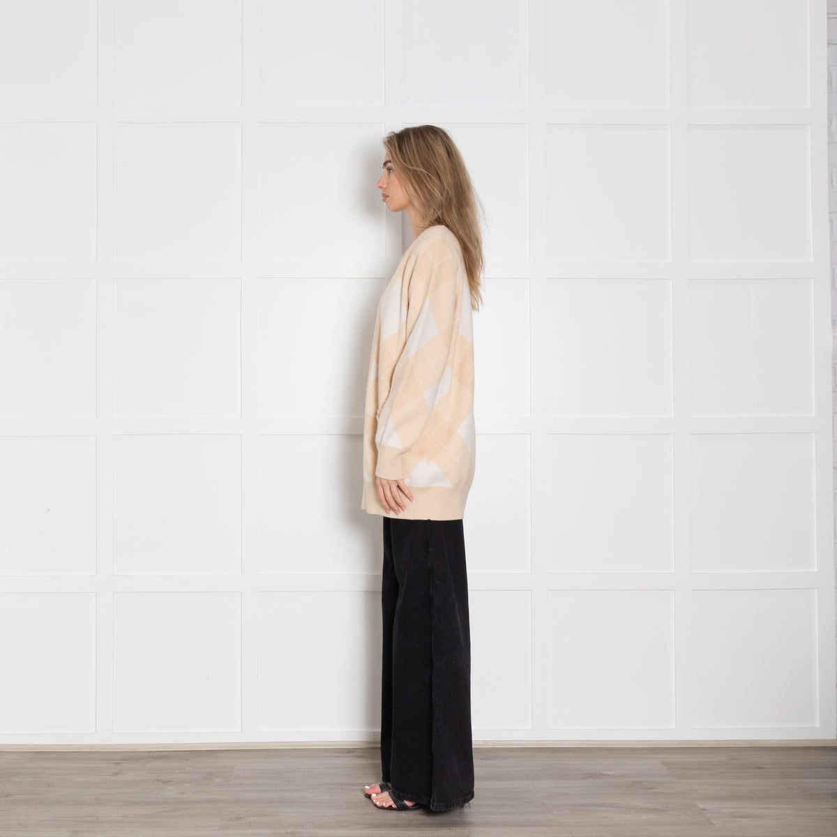 Sandro Pale Peach Argyle Wool And Cashmere Open Cardigan