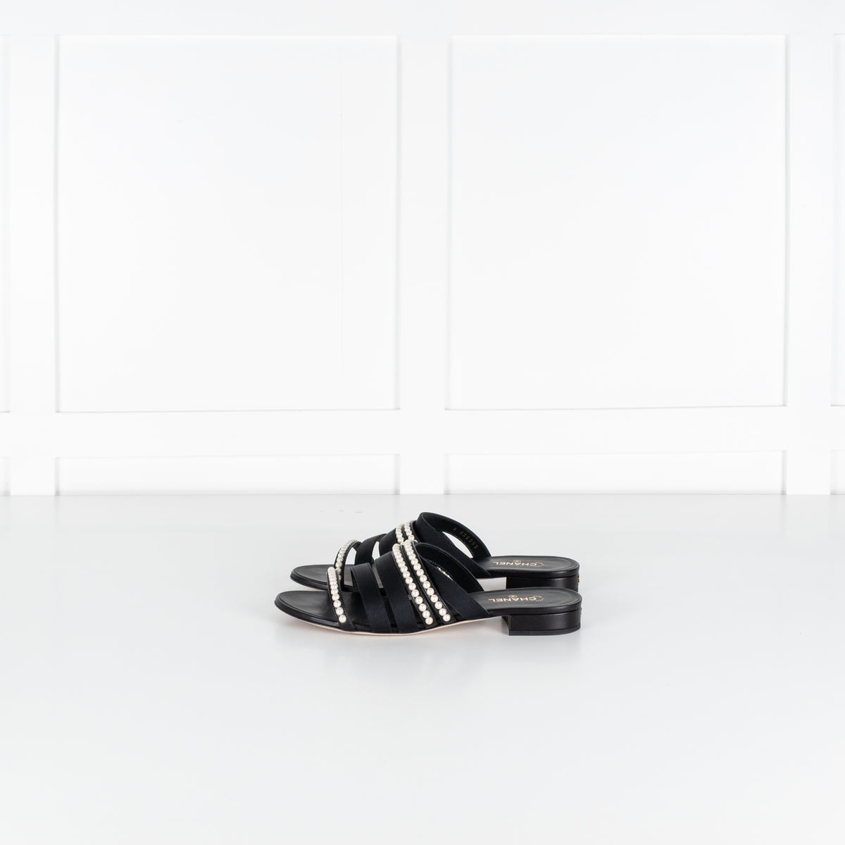 Chanel Black Fabric Mules With Pearls & Logo on Heel