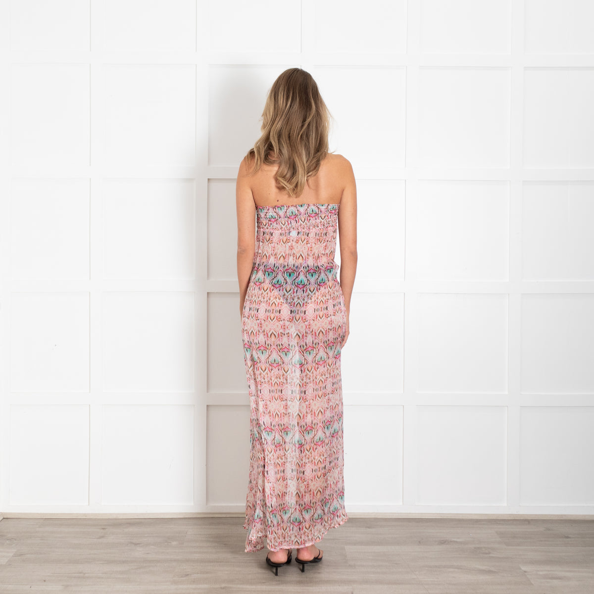 Melissa Odabash Pink & Blue Peacock Feather Print Bandau Maxi Dress with Gold Buckle