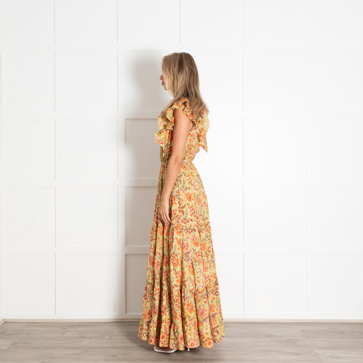Aspiga Green Rose Frill Maxi Dress With Ruffled Sleeves