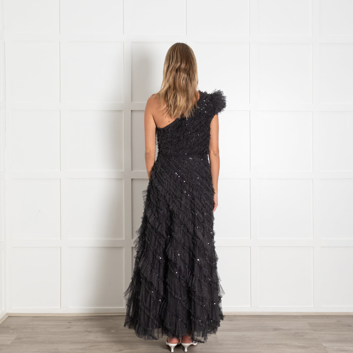 Needle & Thread Black On Black Sequin Frill Detail Off Shoulder Dress