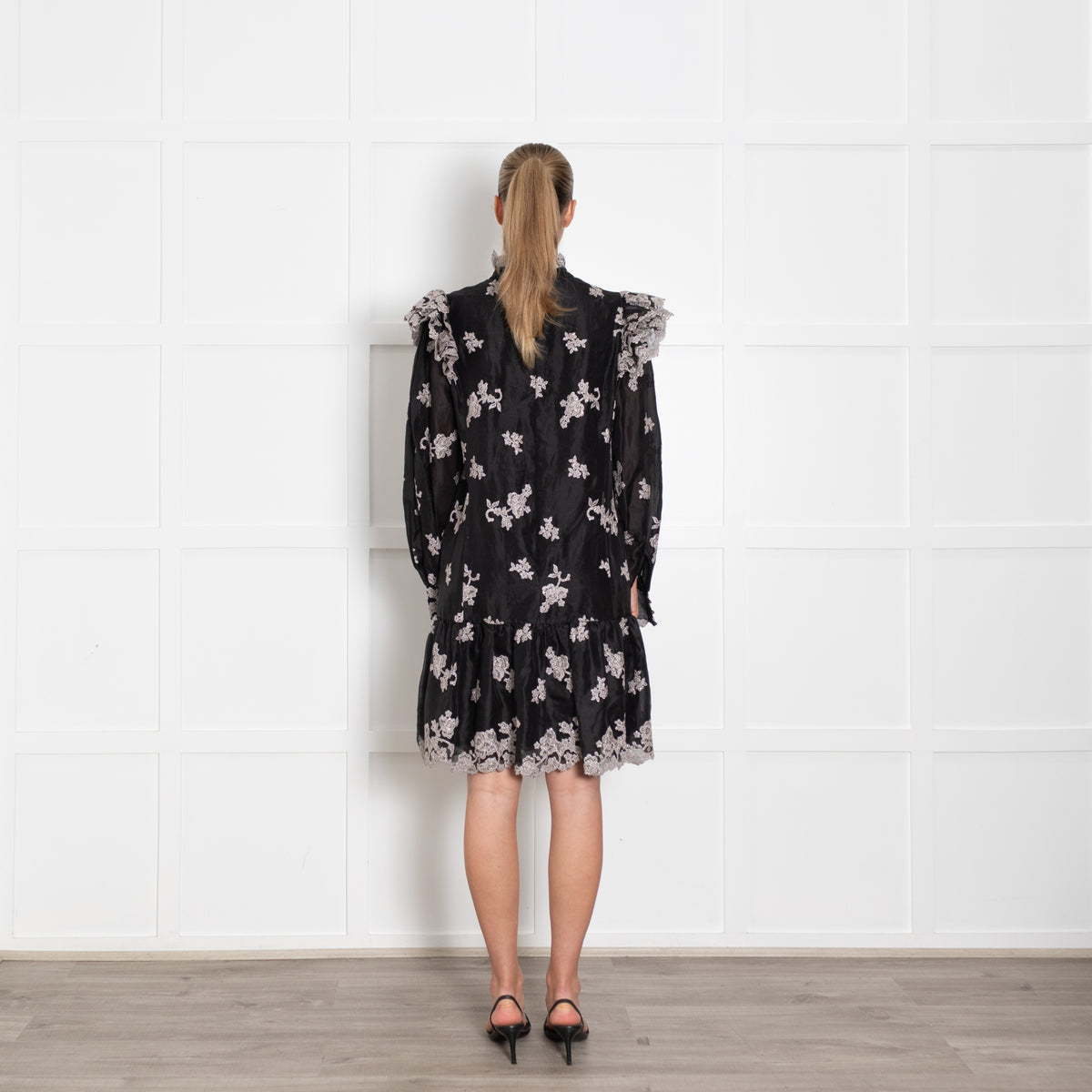 Erdem Nella Black Organza Dress With Silver Embroidery