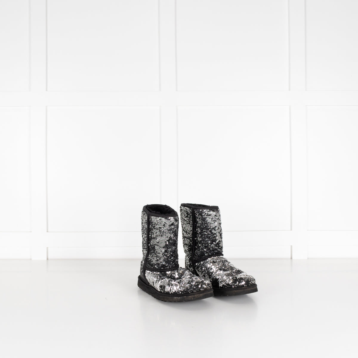 Ugg Silver Grey Sequin Short Sheepskin Boots.