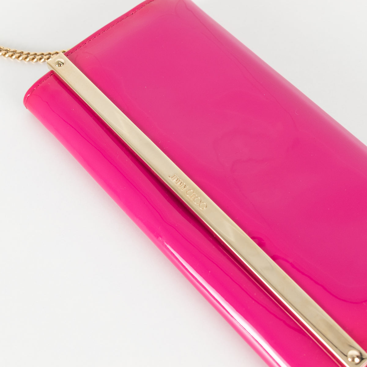 Jimmy Choo Bright Pink Milla Patent Leather Gold Chain Clutch Bag