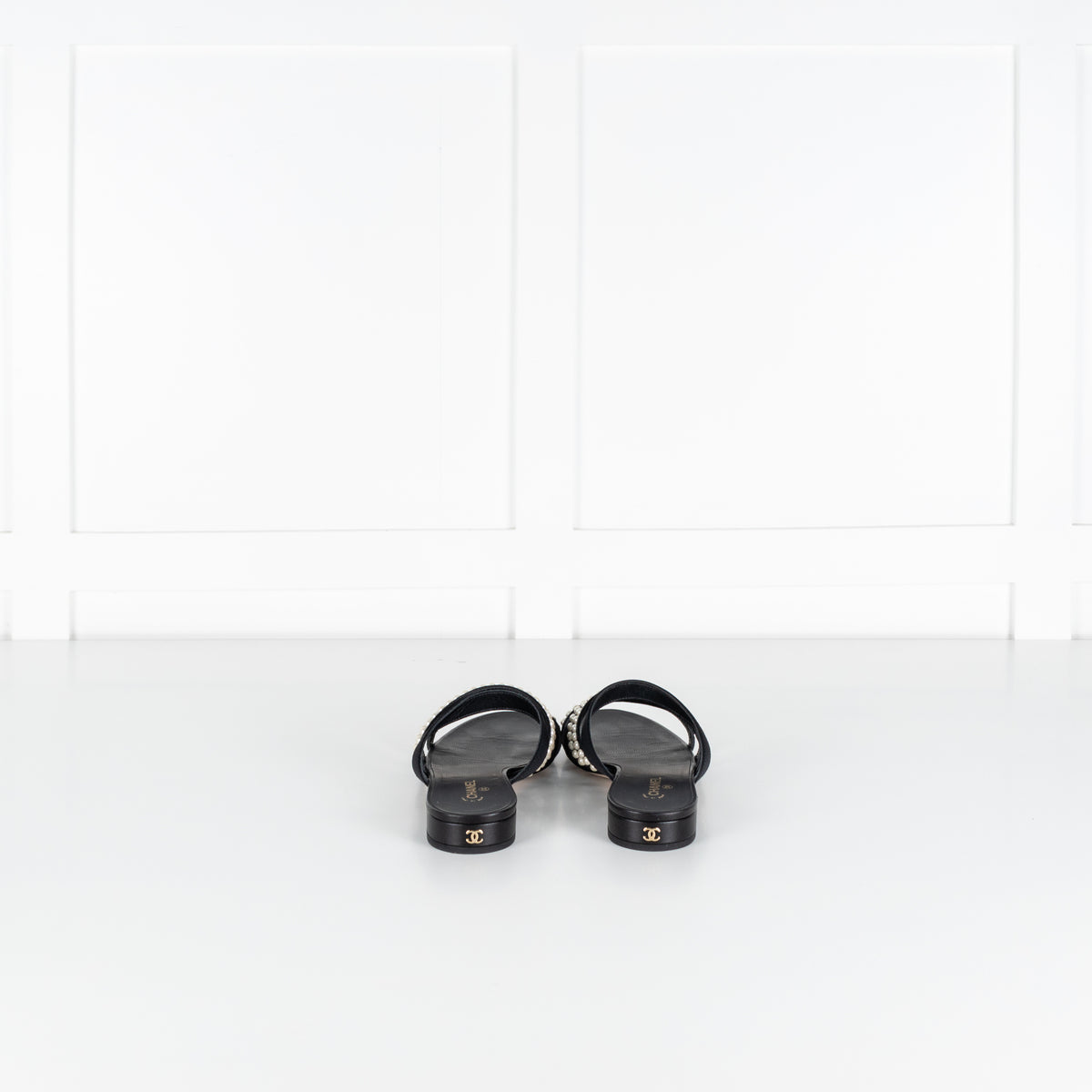 Chanel Black Fabric Mules With Pearls & Logo on Heel