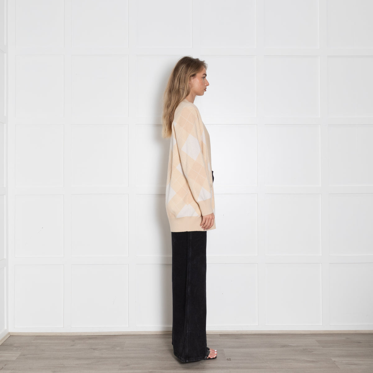 Sandro Pale Peach Argyle Wool And Cashmere Open Cardigan