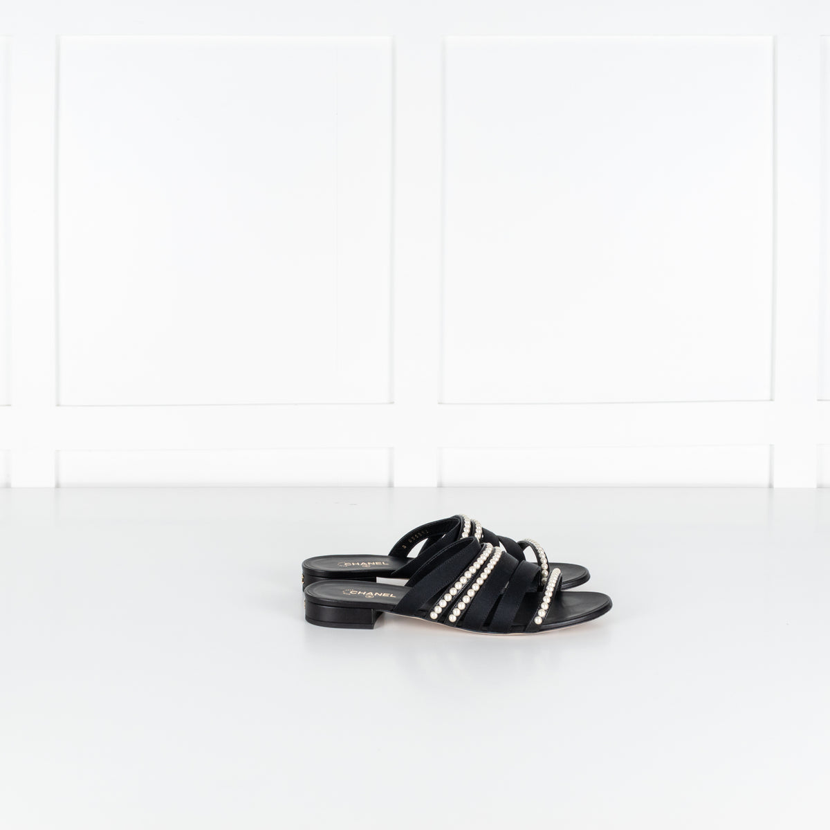 Chanel Black Fabric Mules With Pearls & Logo on Heel