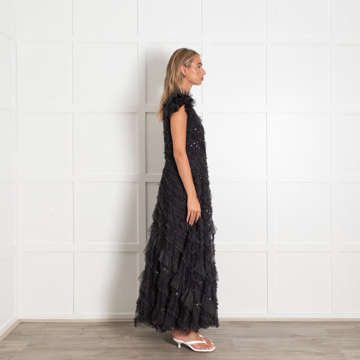 Needle & Thread Black On Black Sequin Frill Detail Off Shoulder Dress