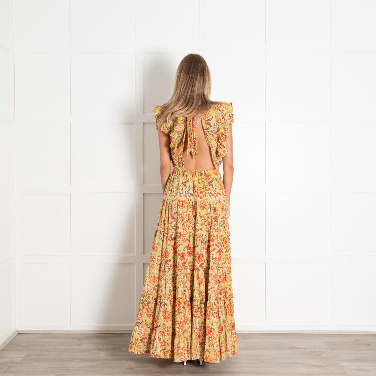Aspiga Green Rose Frill Maxi Dress With Ruffled Sleeves