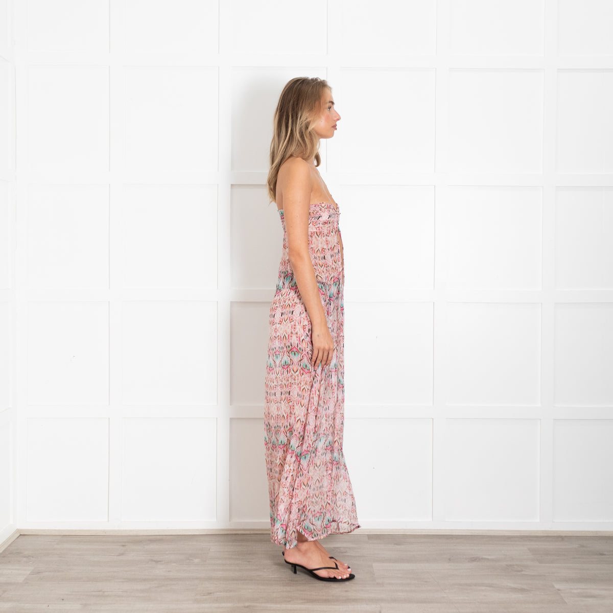 Melissa Odabash Pink & Blue Peacock Feather Print Bandau Maxi Dress with Gold Buckle