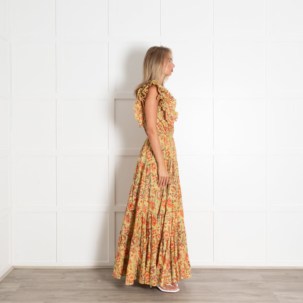 Aspiga Green Rose Frill Maxi Dress With Ruffled Sleeves