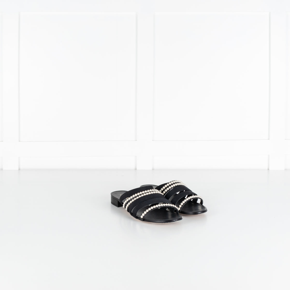 Chanel Black Fabric Mules With Pearls & Logo on Heel