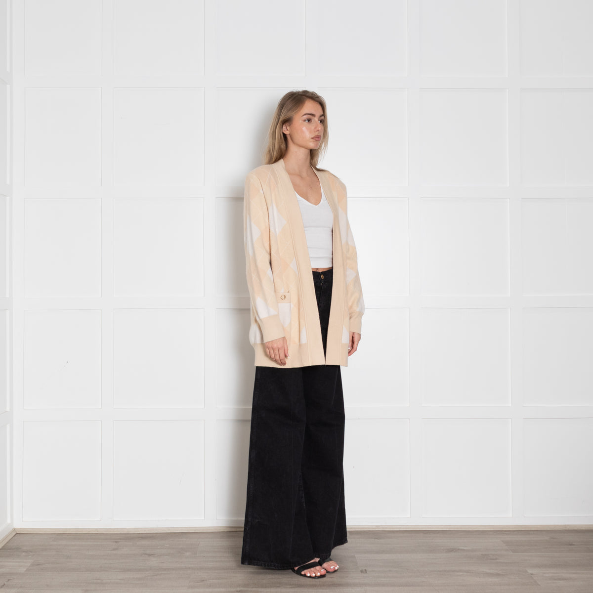 Sandro Pale Peach Argyle Wool And Cashmere Open Cardigan