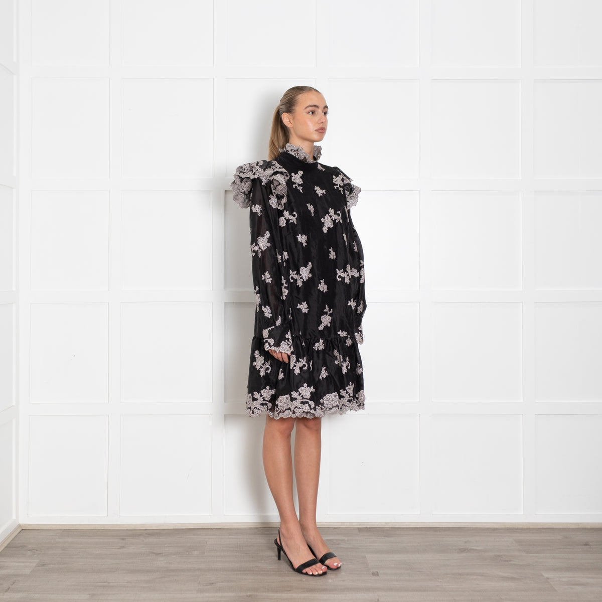 Erdem Nella Black Organza Dress With Silver Embroidery