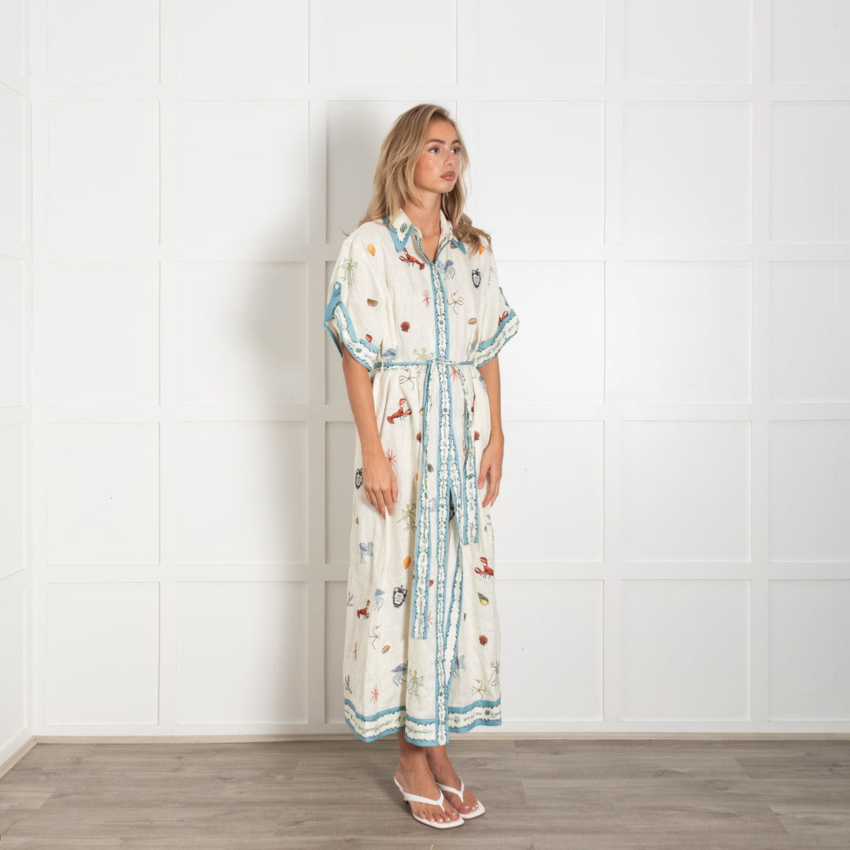 Alemais Under The Sea Linen Belted Shirt Dress
