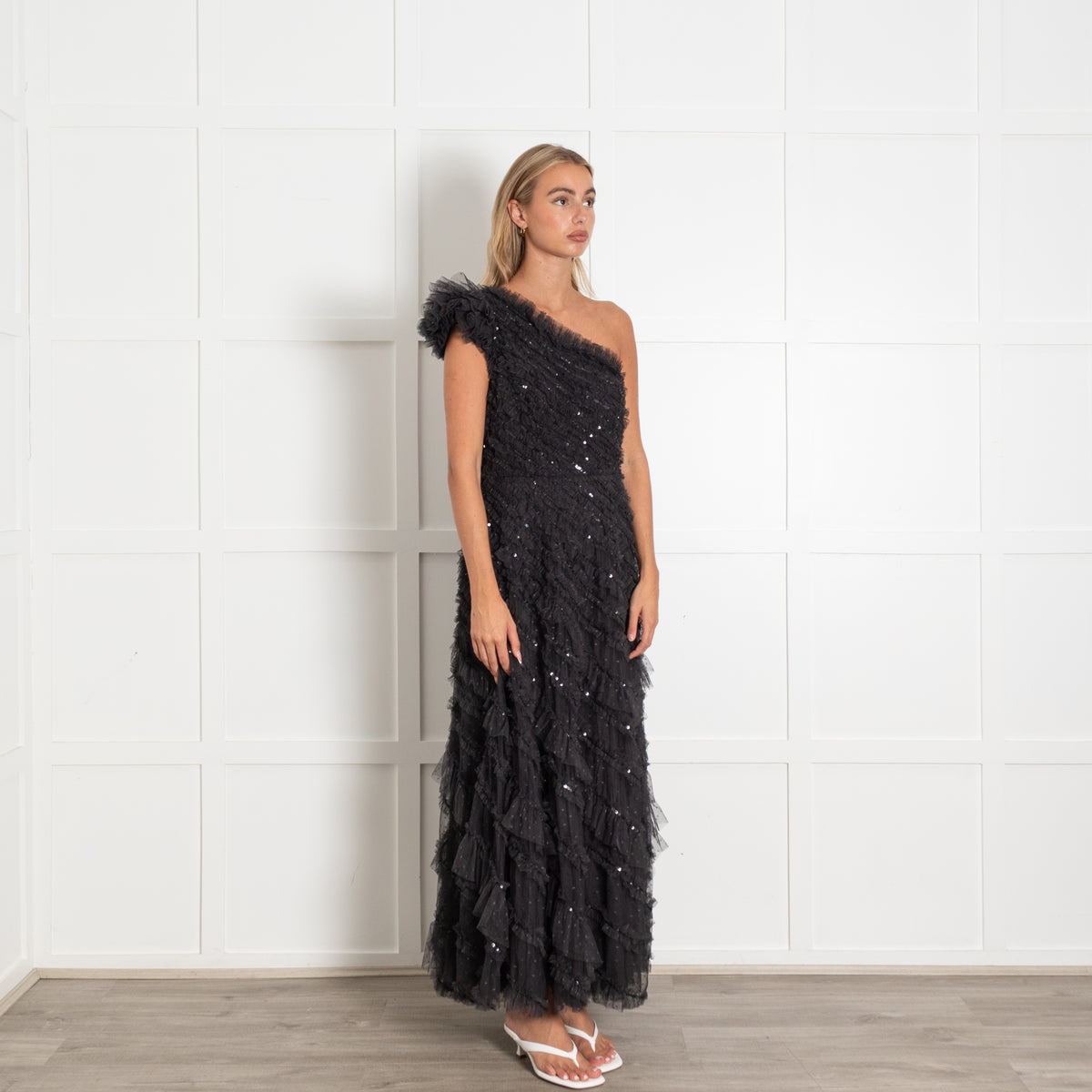 Needle & Thread Black On Black Sequin Frill Detail Off Shoulder Dress