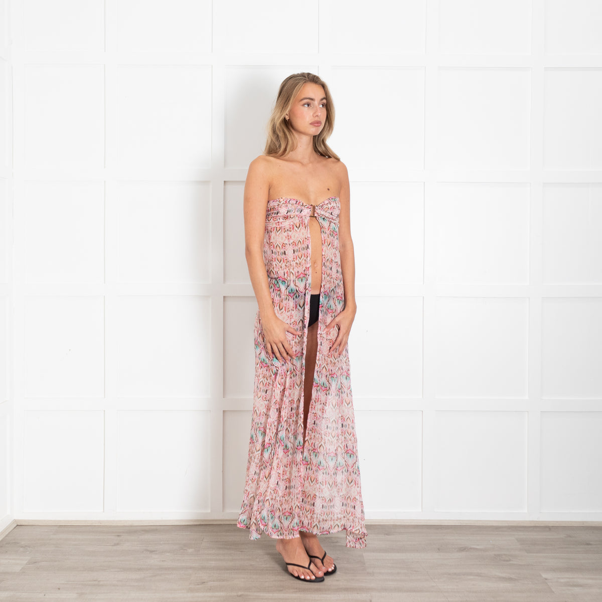 Melissa Odabash Pink & Blue Peacock Feather Print Bandau Maxi Dress with Gold Buckle