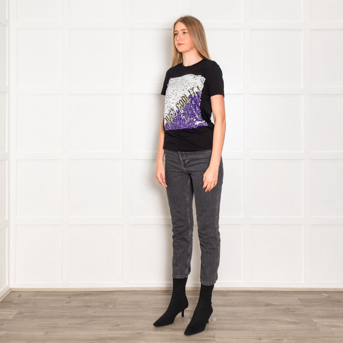 Sandro Black Slogan Sequinned T-Shirt
