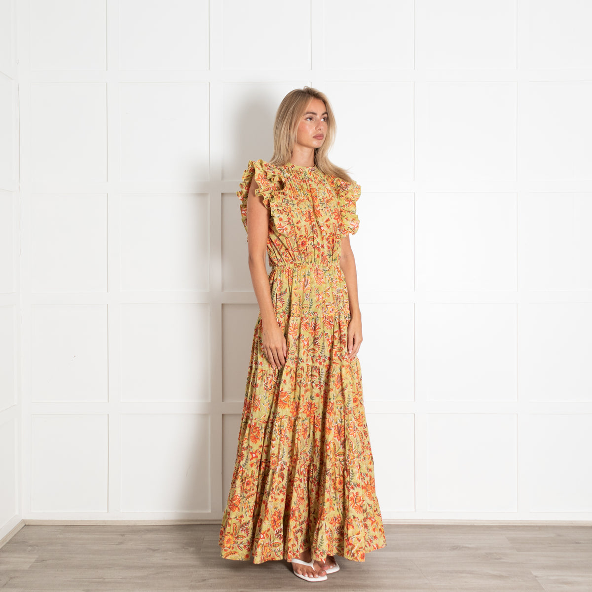 Aspiga Green Rose Frill Maxi Dress With Ruffled Sleeves