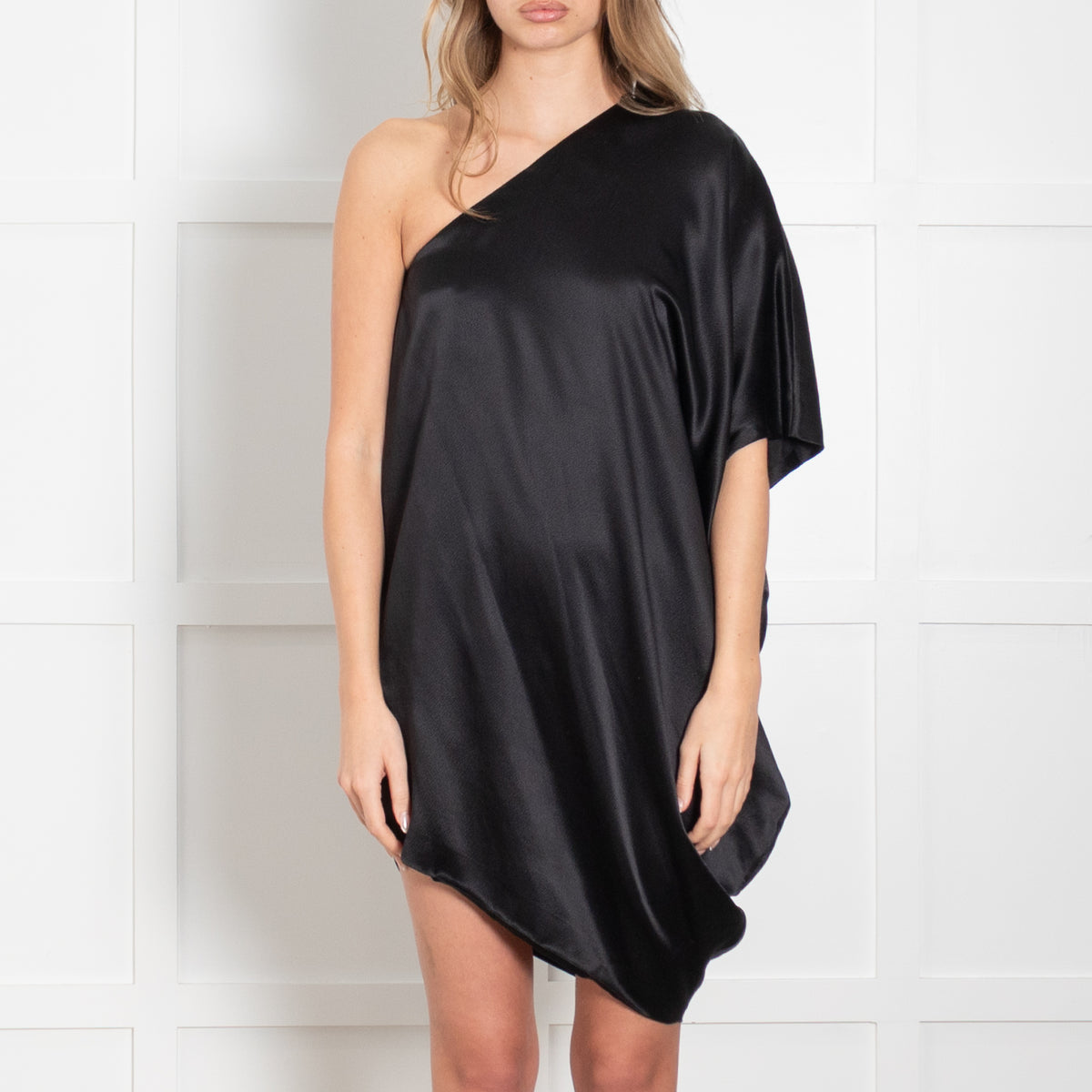Halston Heritage Black One Shoulder Silk Mini Dress