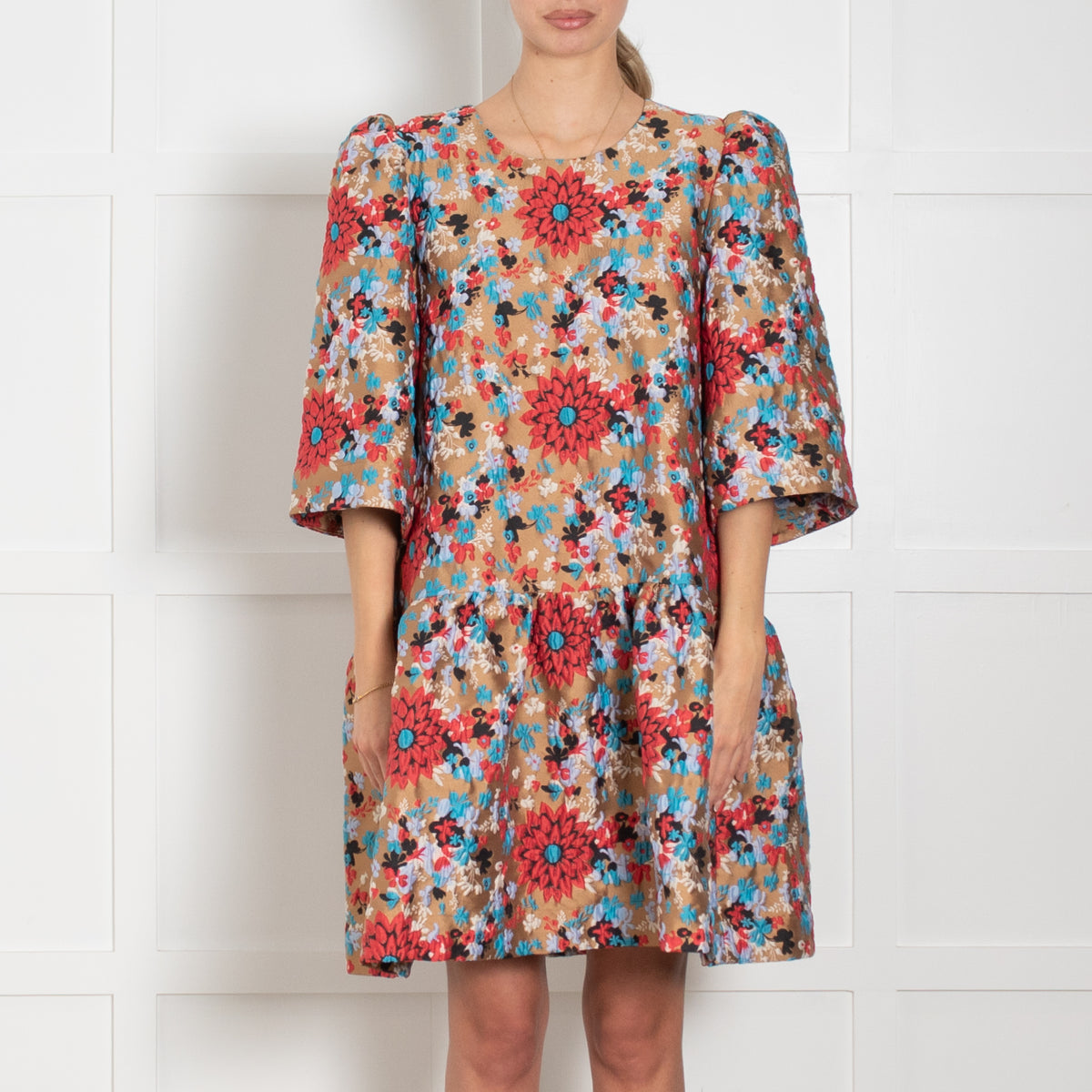 Essentiel Antwerp Tan Red Blue Floral Peplum Short Dress