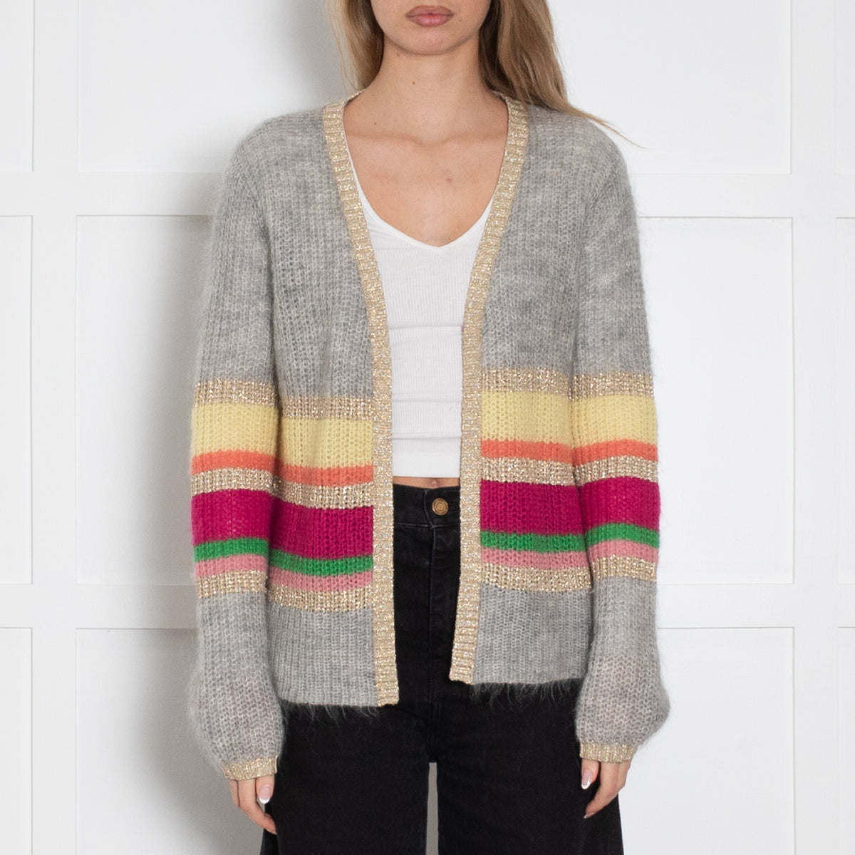 Wyse Grey Mohair Cardigan With Rainbow Stripes