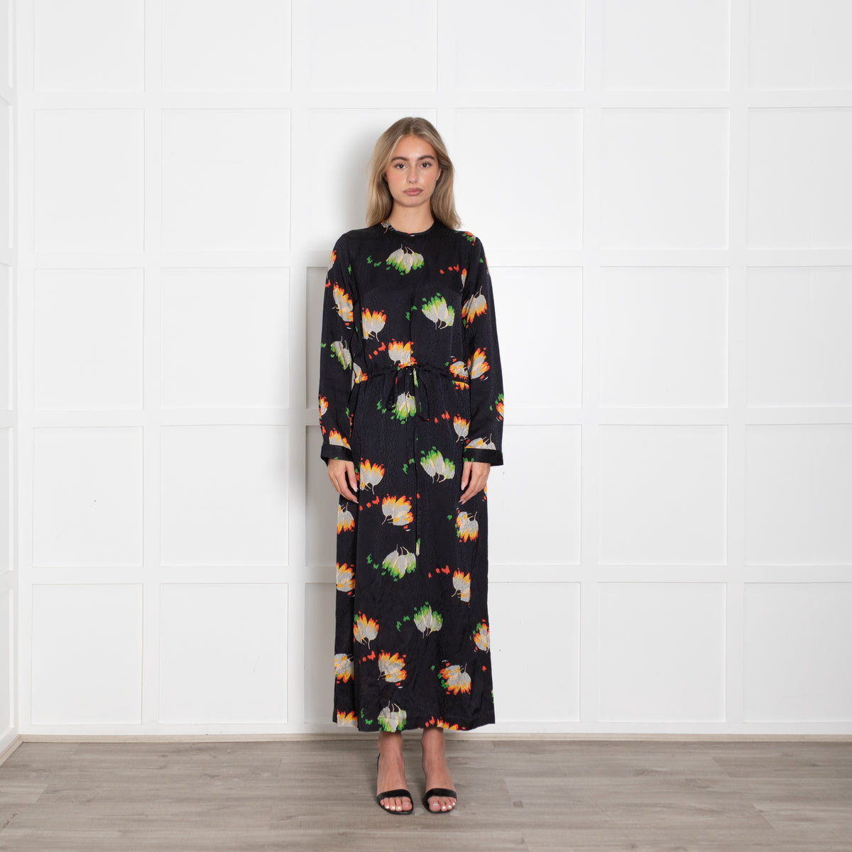 Raey Black Flower Pattern Mix Drawstring Full Length Dress