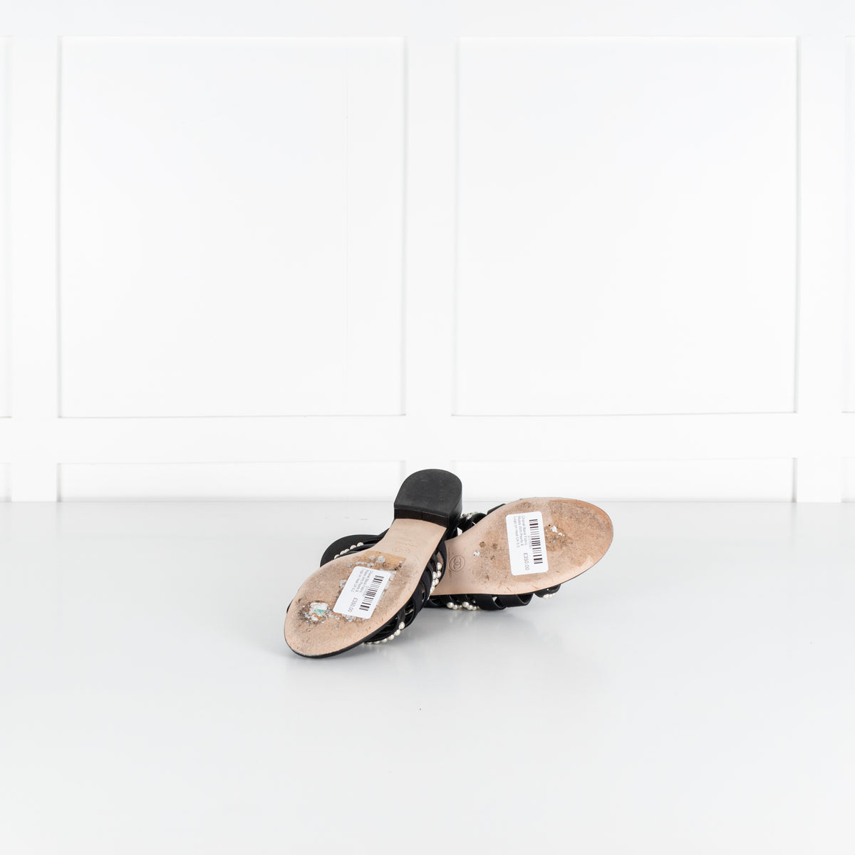 Chanel Black Fabric Mules With Pearls & Logo on Heel