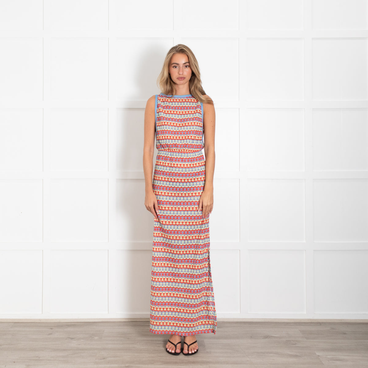 Andres Sarda Blue Yellow Red Crochet Knit Sleeveless Maxi Dress