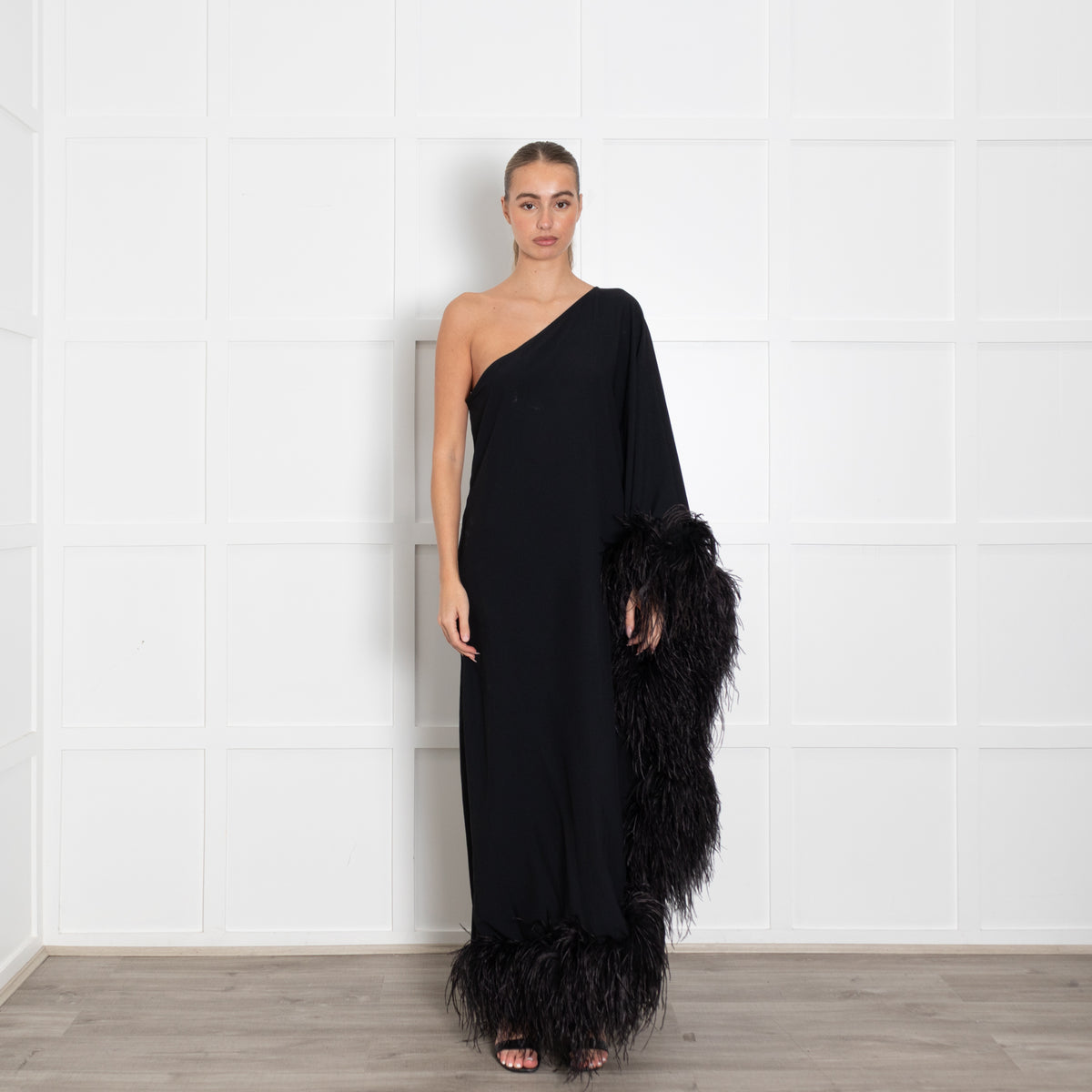 Taller Marmo Black One Shoulder Feathered Eternity Dress