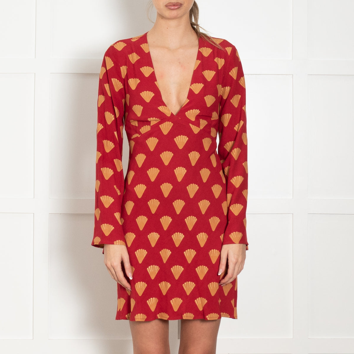 Rixo Red Open Back Dress With Gold Fan Print
