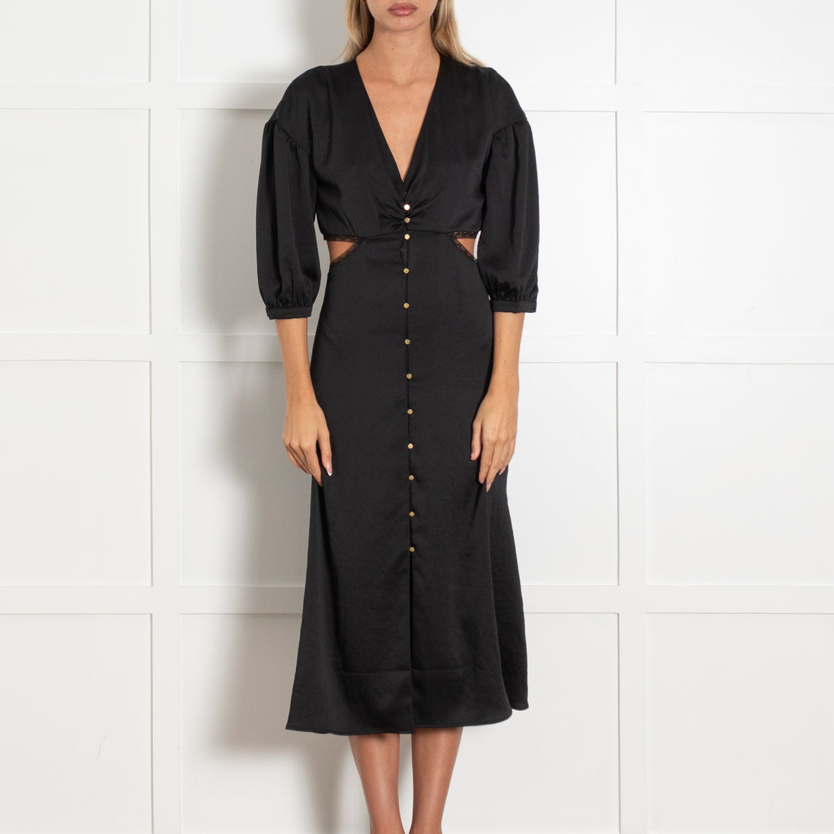 Bash Black Gold Button Cut-Out Sides Dress