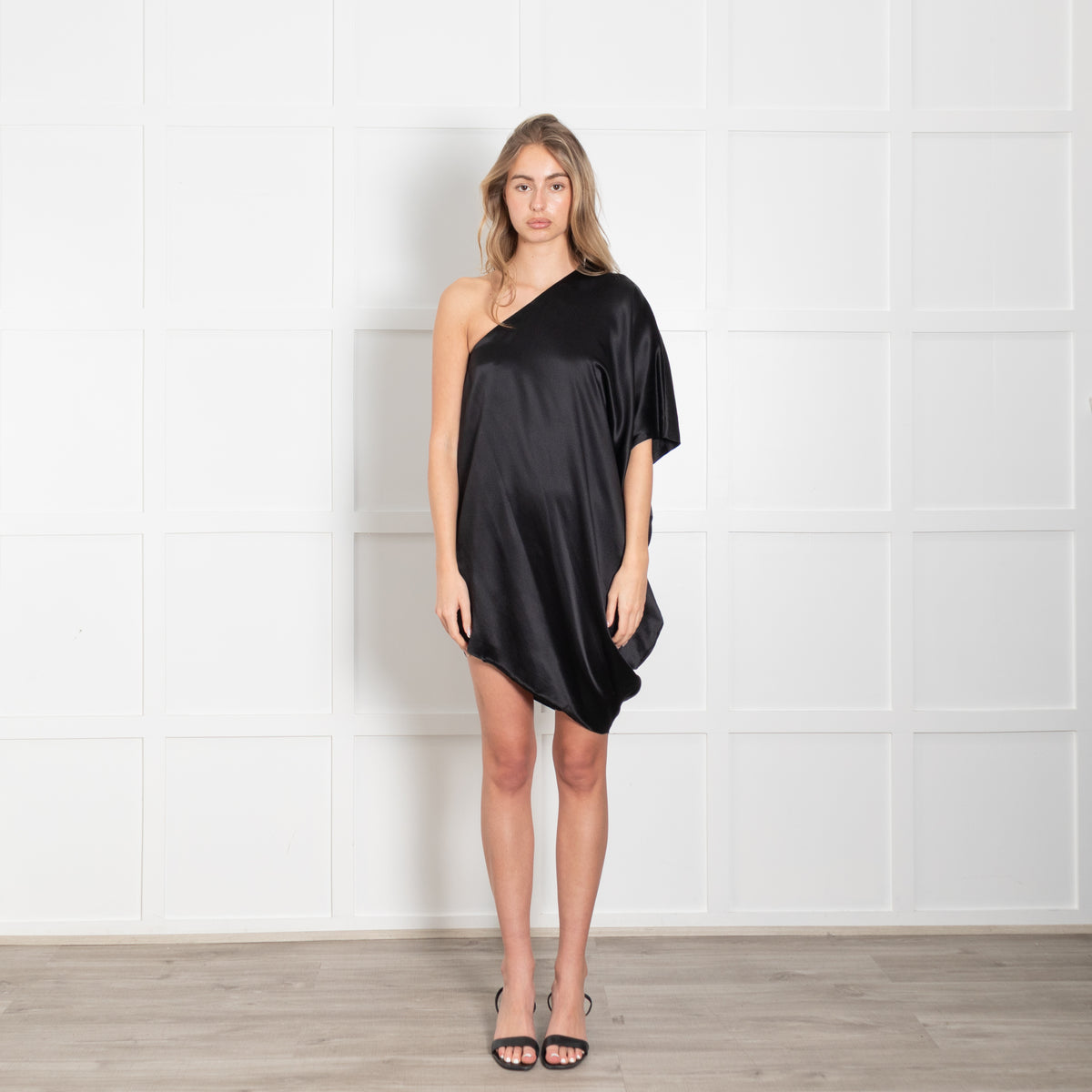 Halston Heritage Black One Shoulder Silk Mini Dress