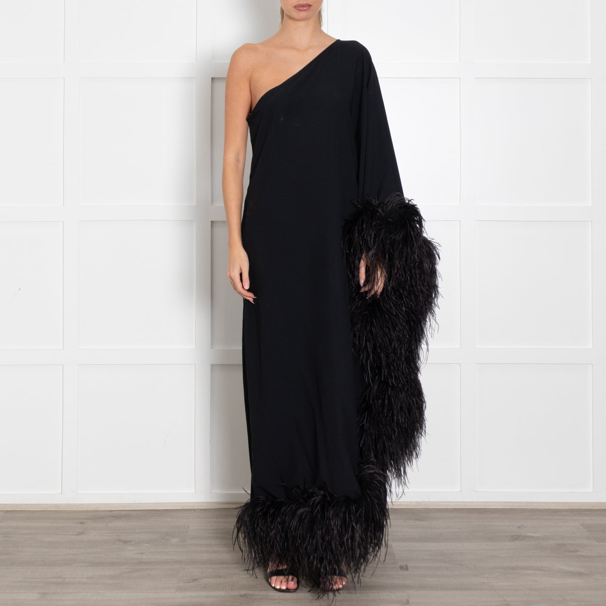 Taller Marmo Black One Shoulder Feathered Eternity Dress