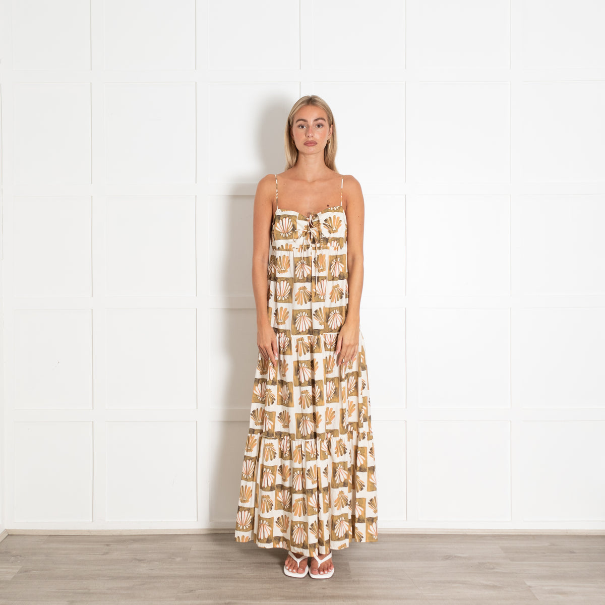 Rails White Green Mica Shell Block Print Strappy Maxi Dress