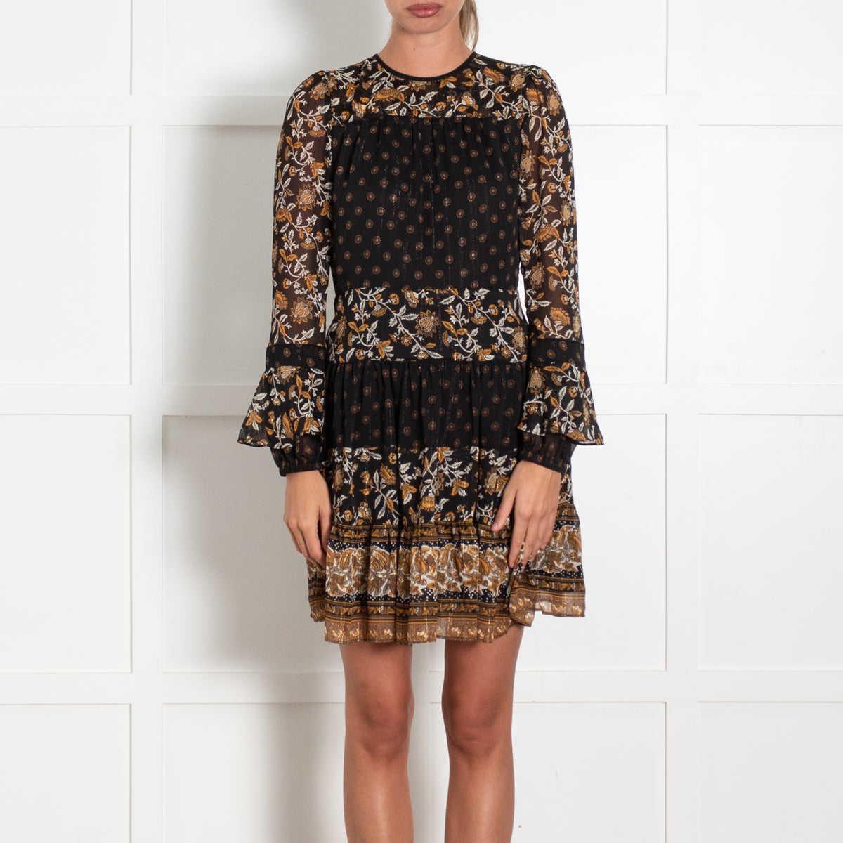 Michael By Michael Kors Boho Black And Gold Metallic Floral Longsleeve Dress