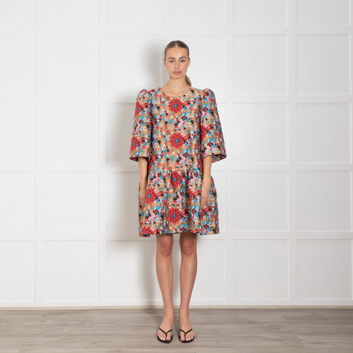 Essentiel Antwerp Tan Red Blue Floral Peplum Short Dress