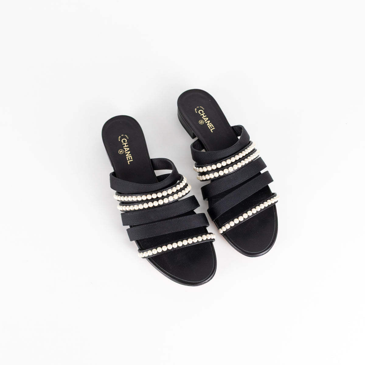Chanel Black Fabric Mules With Pearls & Logo on Heel