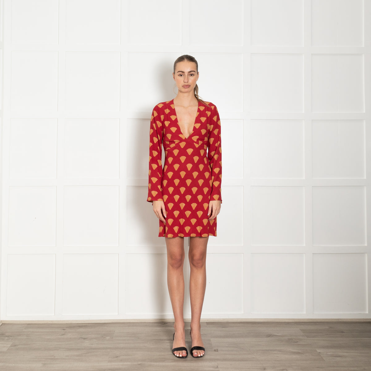 Rixo Red Open Back Dress With Gold Fan Print