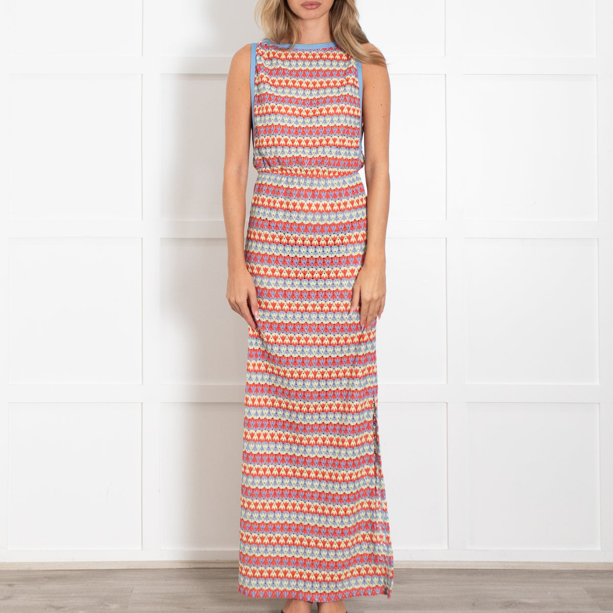 Andres Sarda Blue Yellow Red Crochet Knit Sleeveless Maxi Dress
